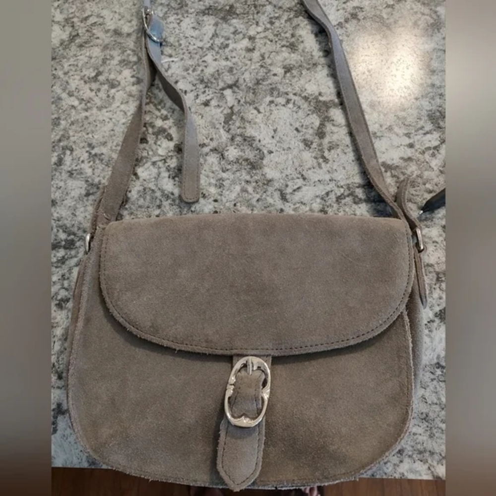 Emma Fox Gray Suede Saddlebag Purse Crossbody Adjustable Lined Buckle Pocketbook